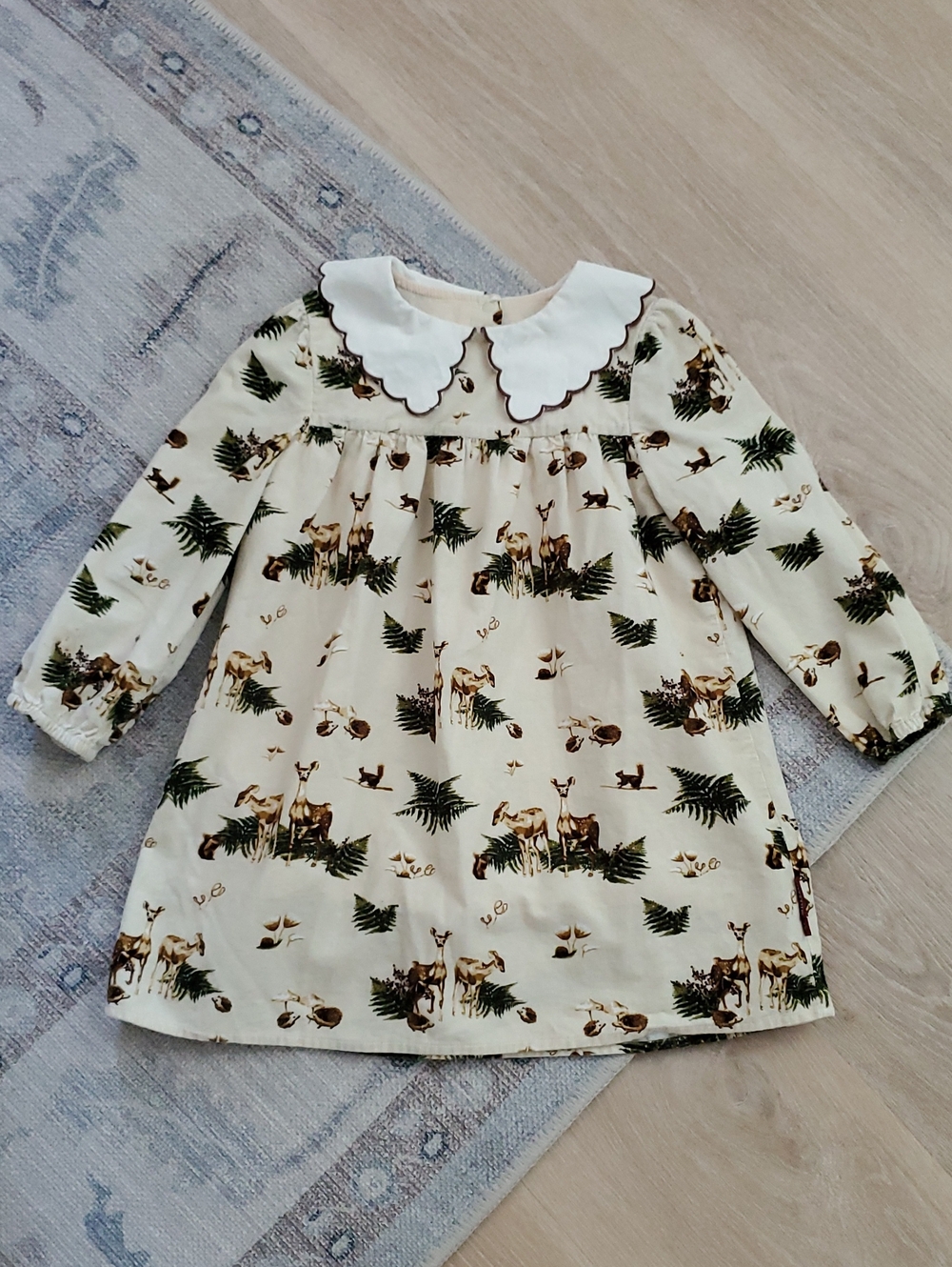Milkbarn Toddler Girls Cream Deer Corduroy Long Sleeve Collared Dress Sz3-4y